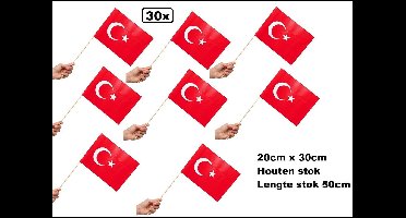 30 stuks Zwaaivlaggetjes op stok Turkije 20cm x 30cm - lengte stok 50cm - Zwaai vlaggetjes thema feest voetbal festival uitdeel