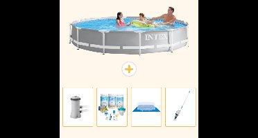 Intex Rond Prism Frame Zwembad - 366 x 76 cm - Grijs - Inclusief Pomp - Onderhoudspakket - Grondzeil - Stofzuiger - 5-delig