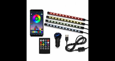 LED Strip Auto - RGB Interieurverlichting - 4 Strips - USB/12V aansluiting - Bediening via App én Afstandsbediening - Multicolor - Muzieksynchronisatie