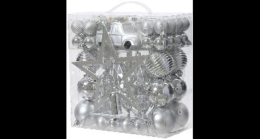 Kerstboom decoratie zilver mixbox polystyreen 67-delig.