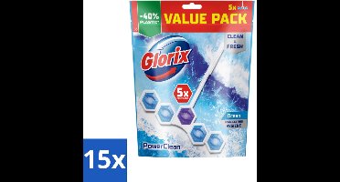 15 x Glorix - Power Clean - Toiletblok - Ocean - Hersluitbare Verpakking - 5 Blokken - Toiletblok - Hygiëne - Reinigen - Kalk - Schuim