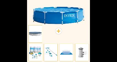 Intex Rond Frame Zwembad - 366 x 76 cm - Blauw - Inclusief Onderhoudspakket - Schoonmaakset - Grondzeil - Zwembadfilterpomp - Afdekzeil - 6-delig
