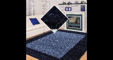 Hoogpolig vloerkleed met sierrand, marineblauw, geschikt voor de woonkamer, met een jute achterkant, afmetingen: 240 x 340 cm