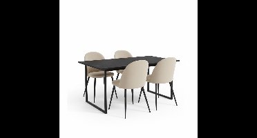 Tilst eethoek eettafel zwarte marmerprint 90x160 4 stoelen velours beige.