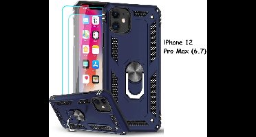 Hoesje Geschikt voor iPhone 12 Pro Max hoesje - Hardcase - Tough armor ring Donker Blauw + 2 stuks screenprotector
