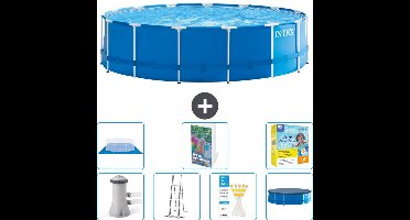 Intex Rond Frame Zwembad - 457 x 122 cm - Blauw - Inclusief Pomp - Ladder - Grondzeil - Afdekzeil Onderhoudspakket - 8-delig