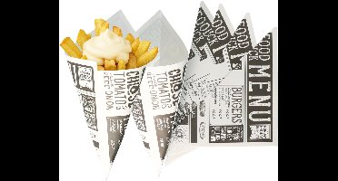 Frietzakjes - 100x st - zwart/wit - 17,5 x 24 cm - papier - puntzakken - patatzakjes - snackzakjes - zakjes voor patat/friet