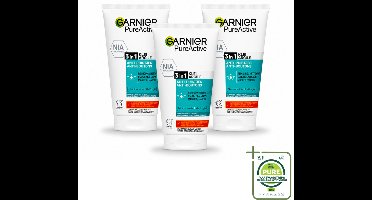 3 x Garnier - Pure Active - 3-in-1 Reiniging Scrub Masker - Tegen Puistjes & Onzuiverheden - Klei & Niacinamide - 150 ml - Grootverpakking - 3-in-1 Reiniging - Puistjes - Mee-eters - Huid Reinigen - Matte Huid