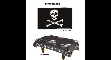 Piraten set - Vlag piraat doodshoofd 90cm x 150cm + Tafelkleed piraat doodshoofd 270cm x 136cm - Thema feest piraten festival diner