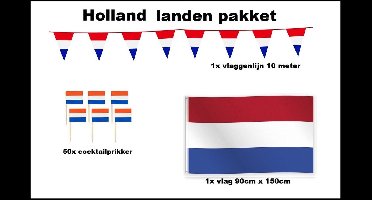 Holland versiering pakket - Vlag Holland 150cmx90cm (1x) - Cocktailprikkers Holland (50x) - Vlaggenlijn Holland 1000cm(1x) - WK voetbal festival evenement party decoratie Nederland