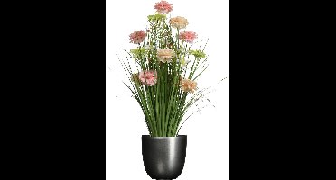 Kunstbloemen boeket roze - in pot antraciet grijs - keramiek - H70 cm