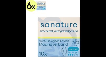 Sanature Bio - 100% Katoenen Maandverband Normaal met vleugels - 6x10 - Natuurlijk en voor de gevoelige huid