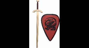 roofridderzwaard met ridderschild rood met draak kinderzwaard houten ridder zwaard schild