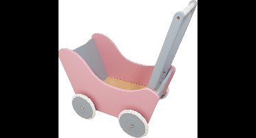 Houten Poppenwagen roze - zilver; exclusief dekje