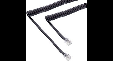 RJ10 telecom crossover spiraalkabel met lang begin- of einddeel | zwart | 4 meter