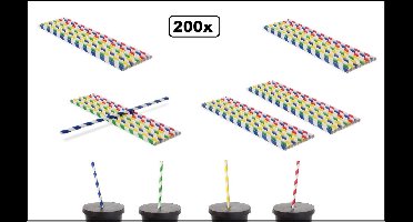 200x Papieren rietjes kleurenmix 230mm x 6mm - stripes - Rietje festival cocktail limonade milkshake drank red