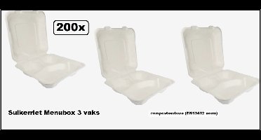 200x Suikerriet menubox 3 vaks wit next generation - Take away restaurant food diner maaltijd festival thema feest composteerbaar