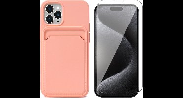 Hoesje Pasjeshouder geschikt voor iPhone 15 Pro Max - Screenprotector GlassGuard - Siliconen Case Back Cover Roze & Screen Protector