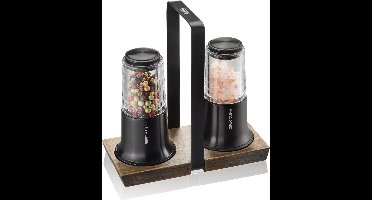 GEFU X-PLOSION® Peper- en Zoutmolen Set – 2-delig – Zwart – Met Acaciahouten Houder