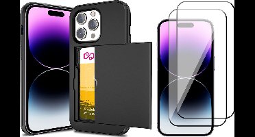 Hoesje met Pasjeshouder geschikt voor iPhone 13 Pro Max - 2x Screen Protector FullGuard - Back Cover SlideCase Zwart & Screenprotector