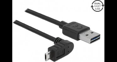 Easy-Micro USB haaks (boven/beneden) naar Easy-USB-A kabel - USB2.0 - tot 2A / zwart - 1 meter