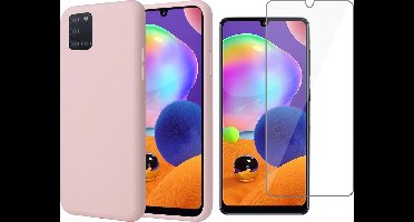 Hoesje geschikt voor Samsung A31 en Screenprotector - Liquid Siliconen Case Roze + Screen Protector