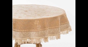 Handweef Tafelkleed Hortensia 6 - 150 cm rond - bloemen - beige - goudkleur - chenille afgewerkt met franjes