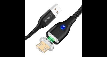 DrPhone FLM Magnetische Micro USB Oplaad Kabel 3A + Data - Sterke Magneet - LED indicator - Nylon Gevlochten Kabel - 2M - Zwart