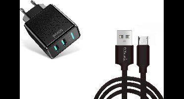 DrPhone Kevlar Pro® - 1M TPE Micro-USB Kabel + Dual-Port Adapter - Snelle & Veilige Oplader - Zwart