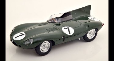 Het 1:18 Diecast model van het Jaguar D-Type Team Jaguar Cars LTD #7 van de 24H LeMans van 1955. De rijders waren D. Hamilton en T. Rolt. De fabrikant van het schaalmodel is CMR. Dit model is alleen online beschikbaar