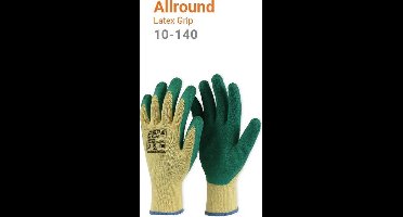 12x 12 paar - Werkhandschoenen PSP 10-140 Allround Latex, Groen/Geel (per doos van 12x 12 paar), maat 9
