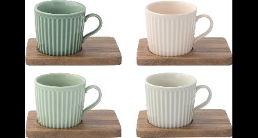 Espressokopjes - set van 4 - porselein - 11cl - 4 schotels acaciahout - geschenkdoos