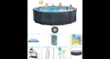 Intex Rond Graphite Gray Panel Zwembad - 478 x 124 cm - Inclusief Pomp - Ladder - Grondzeil - Afdekzeil Onderhoudspakket - 8-delig