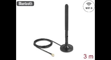 Delock Antenna WiFi 6 RP-SMA plug 3 dBi omnidirectional with connection cable RG-174 3 m with tilt joint with magnetic base black