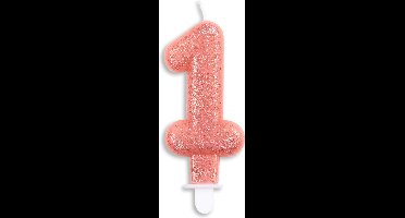 Wefiesta - Wefiesta Cijferkaars 1 Glitter 7 Cm Wax Zalmroze - Verjaardagskaarsje - Zalmroze