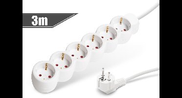 Witte 6-voudige stekkerdoos 3 meter kabel - verlengsnoer, power strip, verdeeldoos, met hoogwaardige isolatie CEE 7/7 stekker en 6 beschermde contactdozen, 16A, 250V AC [20211]