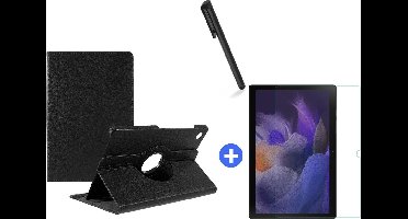 Hoesje Geschikt Voor Samsung Galaxy Tab A8 Hoes 10.5 inch 2021 draaibare hoesje - Zwart + tempered glass screenprotector + stulus pen