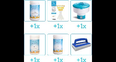 Zwembad Onderhoudspakket - Onderhoud Zwembad - bevat Chloor - Testrips - Chloordrijver - PH-min - PH-plus en Scrubborstel (6-delig)
