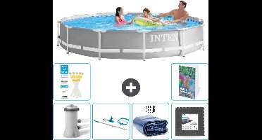 Intex Rond Prism Frame Zwembad - 366 x 76 cm - Grijs - Inclusief Pomp Schoonmaakset - Solarzeil - Vloertegels - 7-delig