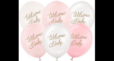 PartyDeco - Latex ballonnen 'Welcome Baby' - mix pastelkleuren roze/ wit - 6 stuks
