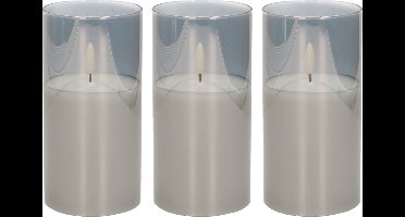 3x stuks luxe led kaarsen in grijs glas D7,5 x H15 cm - met timer - Woondecoratie - Elektrische kaarsen