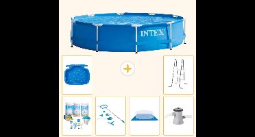 Intex Rond Frame Zwembad - 305 x 76 cm - Blauw - Inclusief Onderhoudspakket - Schoonmaakset - Grondzeil - Zwembadfilterpomp - Voetenbad - Ladder - 7-delig