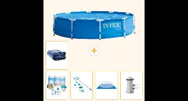 Intex Rond Frame Zwembad - 366 x 76 cm - Blauw - Inclusief Onderhoudspakket - Schoonmaakset - Grondzeil - Zwembadfilterpomp - Solarzeil - 6-delig