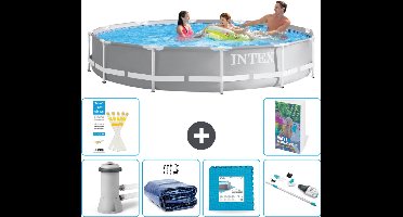 Intex Rond Prism Frame Zwembad - 366 x 76 cm - Grijs - Inclusief Pomp Solarzeil - Vloertegels - Stofzuiger - 7-delig