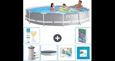 Intex Rond Prism Frame Zwembad - 366 x 76 cm - Grijs - Inclusief Pomp Afdekzeil - Loungebed - Vloertegels - 7-delig