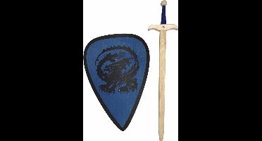 Robinhood zwaard met ridderschild blauw met draak kinderzwaard houten ridder schild
