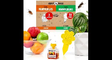 Super Ninja Fruitvliegjes Vanger Bundel - 10 Gele Stickers en 2 Fruivliegjes Vallen - Zeer Effectieve en Ecologische Insectenval om Fruitvliegjes en Rouwvliegjes te Bestrijden