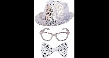 Folat Verkleedkleding set hoed/strikje/bril zilver glitter volwassenen