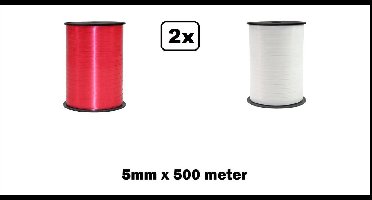 2x Krullint rood en wit 5mm x 500meter krul lint kerst thema feest decoratie kado kado gold verjaardag