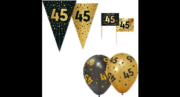 Feestpakket 45 jaar Zwart / Goud – Vlaggenlijn 10 meter + 6 Ballonnen + 50 Prikkers – Golden Celebrations - Versiering Slinger Feestdecoratie Decoratie Verjaardag Jubileum Ballon Feest